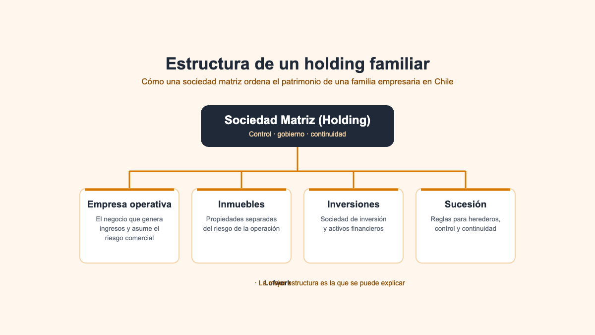 Estructura de un holding familiar en Chile: sociedad matriz con empresa operativa, inmuebles, inversiones y sucesión