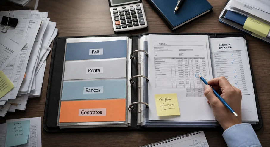 Carpeta de respaldo tributario con documentos ordenados para una revision del SII