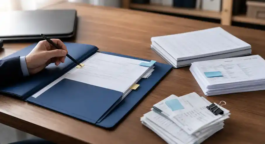 Carpeta tributaria y documentos de empresa preparados para responder una citación del SII
