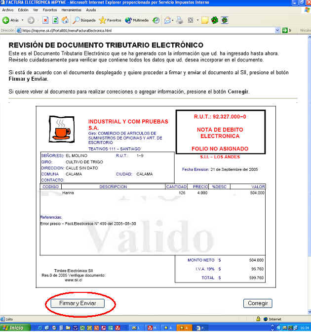 Ejemplo de nota de débito electrónica en el portal MIPYME del SII