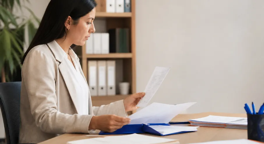 Profesional contable revisando documentos para resolver una factura rechazada SII