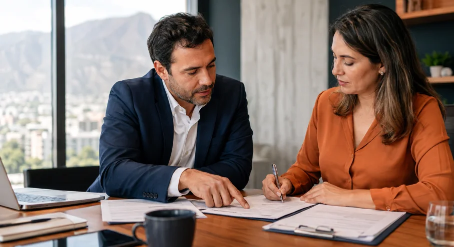 Ejecutivos revisan un contrato y los movimientos de una cuenta corriente mercantil