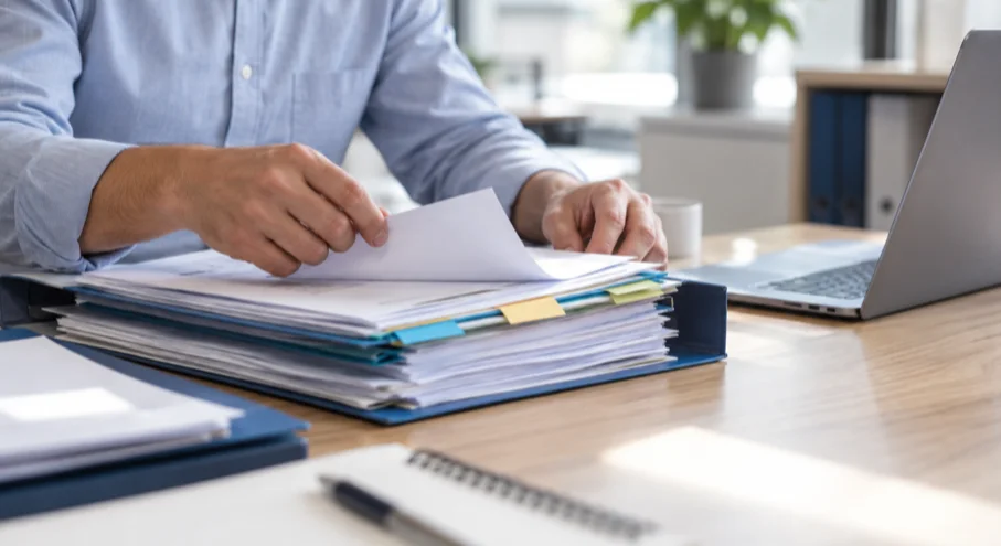 Contador ordenando documentos y respaldos para una fiscalización del SII