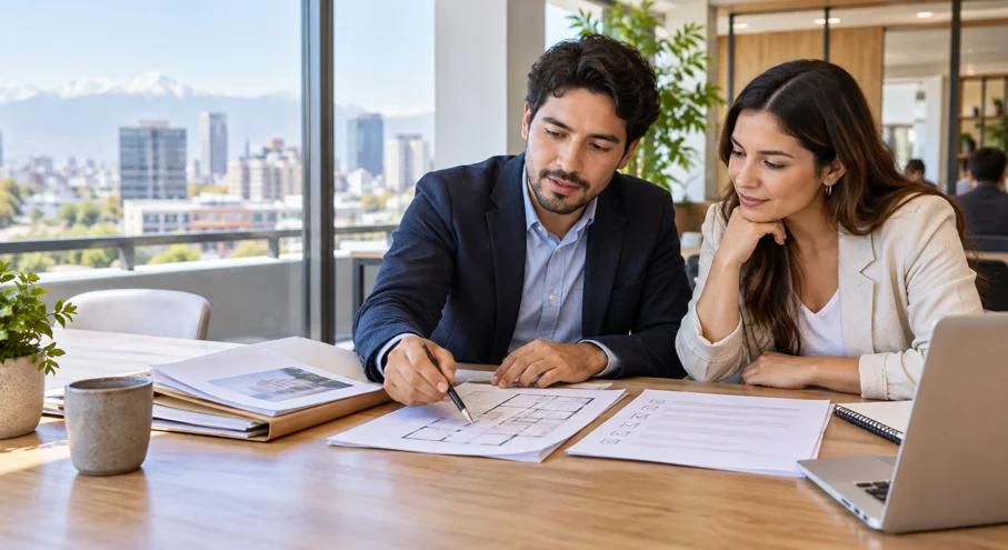 Emprendedor y asesora revisando documentos para una patente comercial con oficina virtual