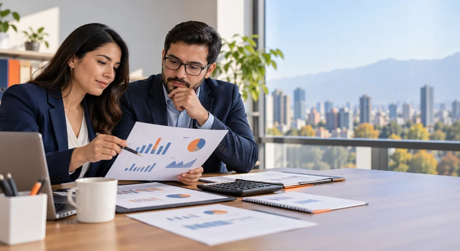 Equipo de una pyme revisando una estimación contable con documentos y calculadora